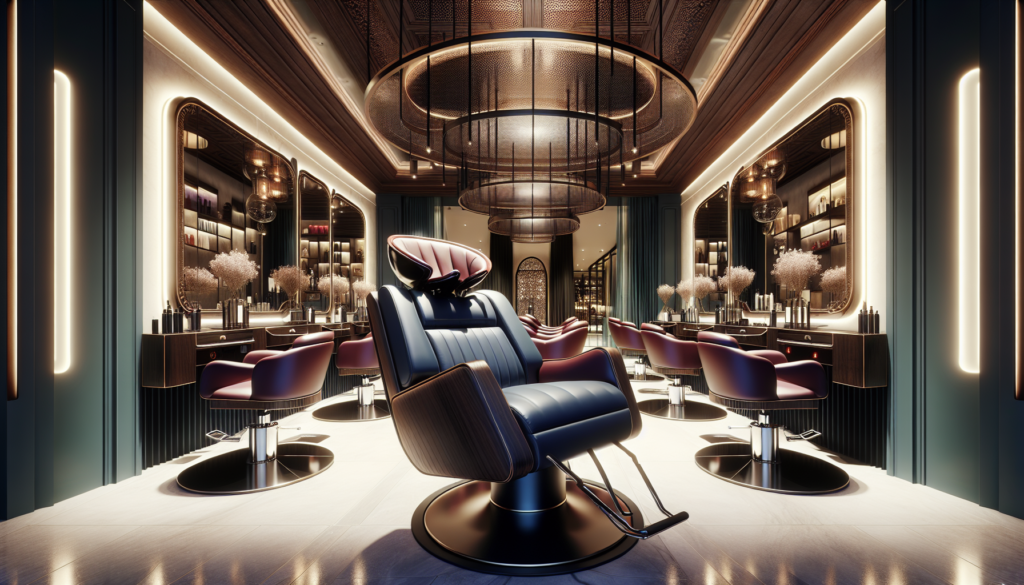 Create a high-resolution image of a luxurious, modern hair salon featuring a stylish reclining hairdressing chair. The chair should have a sleek design with plush, cushioned upholstery in a sophistica