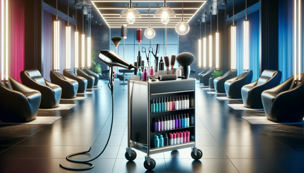 Create an image of a sleek, modern salon station on wheels. The station should be fully equipped with beauty tools, including a hairdryer, scissors, brushes, and various cosmetics displayed neatly. Th