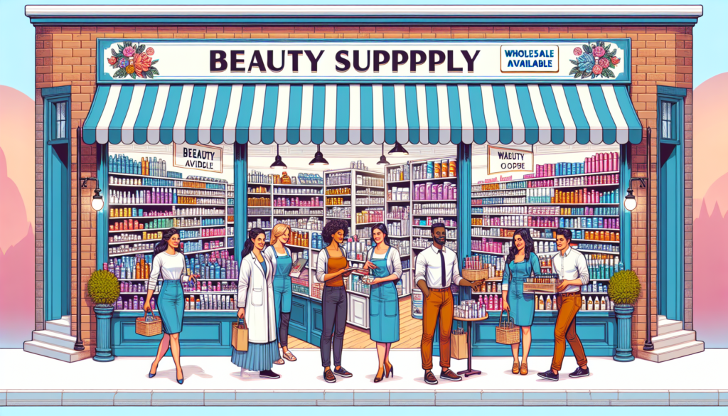 Create an image of a vibrant and bustling local beauty supply store with an inviting storefront. Inside the store, display neatly organized shelves filled with a variety of beauty products such as ski