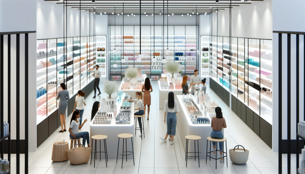 A brightly lit, modern beauty supply store named 'Mirvana Beauty Supply,' featuring neatly organized shelves filled with high-quality beauty products such as skincare items, makeup, haircare products,