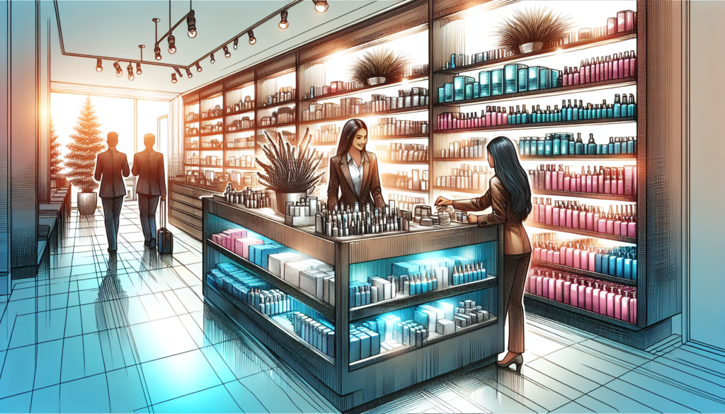 A vibrant, well-lit beauty supply store interior with neatly arranged shelves displaying high-quality salon products such as hair care items, styling tools, and beauty accessories. A friendly store as