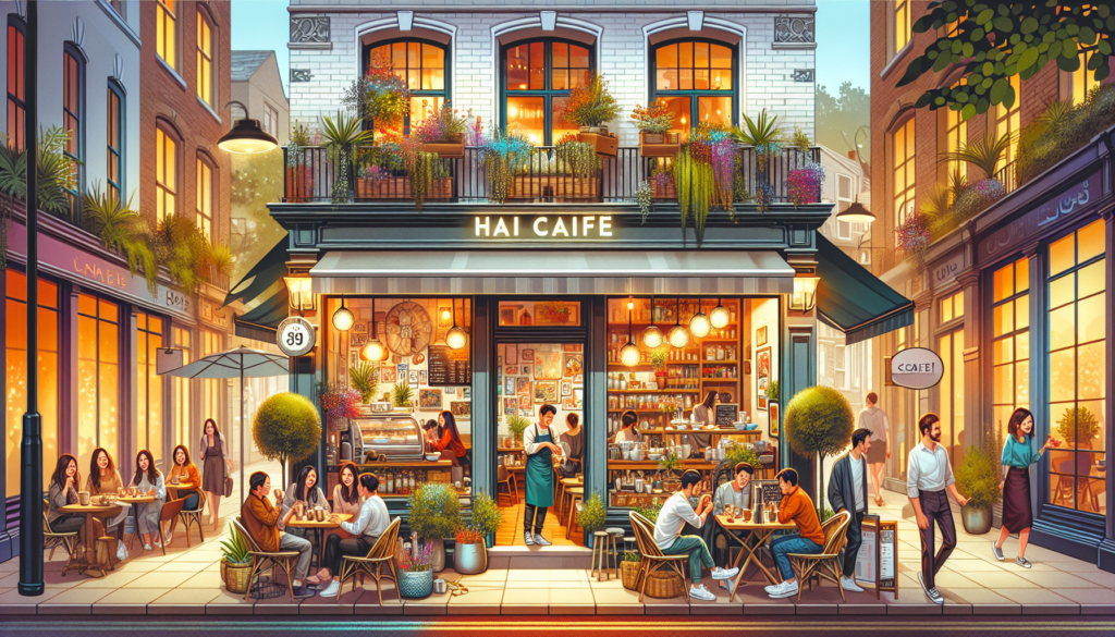 Create an inviting and cozy scene of Hai Cafe nestled in a quaint street. The cafe should have a charming exterior with warm lighting, potted plants, and a welcoming sign. Through the windows, portray