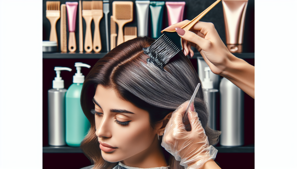 A close-up image of a woman’s hair with grey roots being skillfully concealed. The hairstylist is applying a brush of hair dye to blend the grey roots seamlessly with the rest of her brunette hair. In