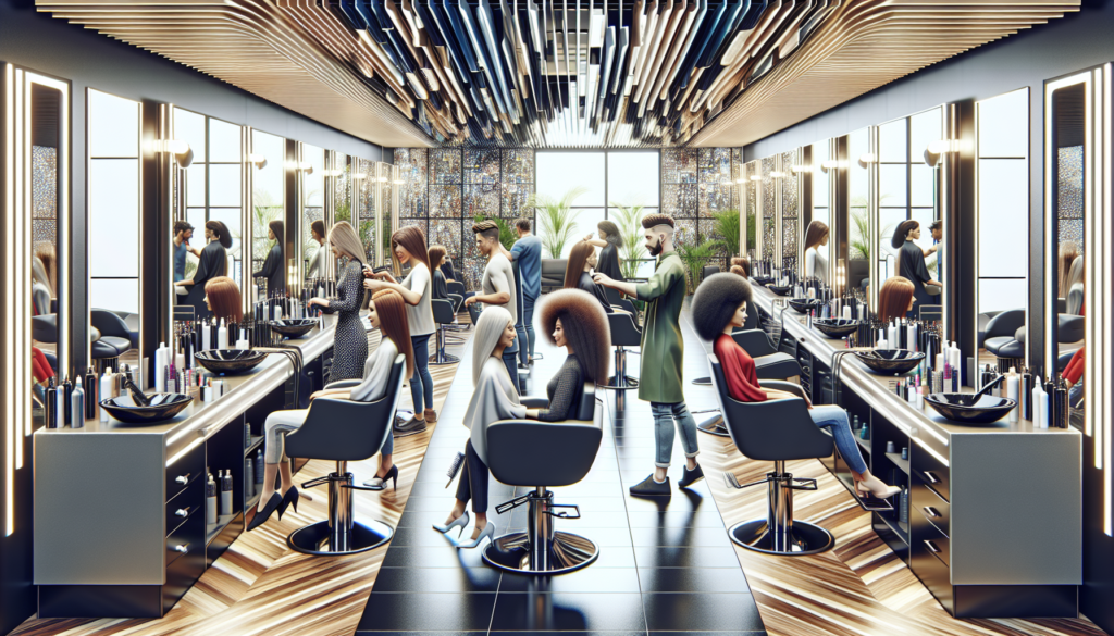 Create an image of a modern, bustling hair salon with sleek, double-sided hair salon stations. Each station should have a mirror, various hairdressing tools, and seats on both sides, showcasing stylis
