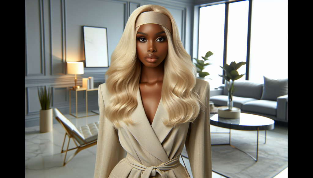 Create an image showcasing a modern, effortlessly chic woman wearing a stylish blonde human hair headband wig. The background should be a minimalist, trendy setting such as a sleek living room or a fa