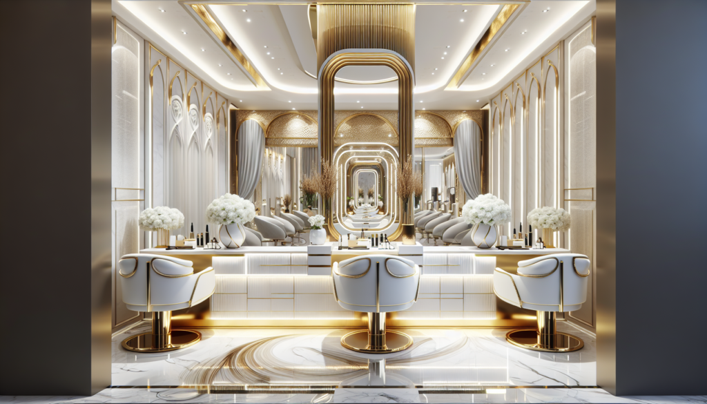 Create an image of a luxurious salon station that exudes elegance, featuring a stunning combination of white and gold. The station should have sleek white countertops, gold accents, and modern design
