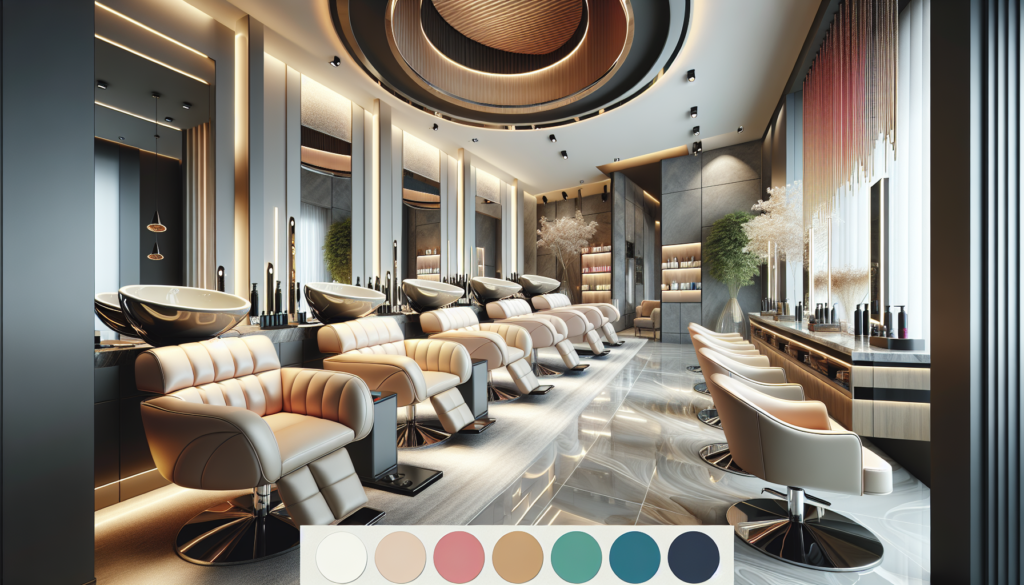 Create an image of a sleek, modern hair salon featuring Minerva styling chairs. The chairs should have an elegant design with plush cushions, luxurious upholstery, and ergonomic contours, showcasing b