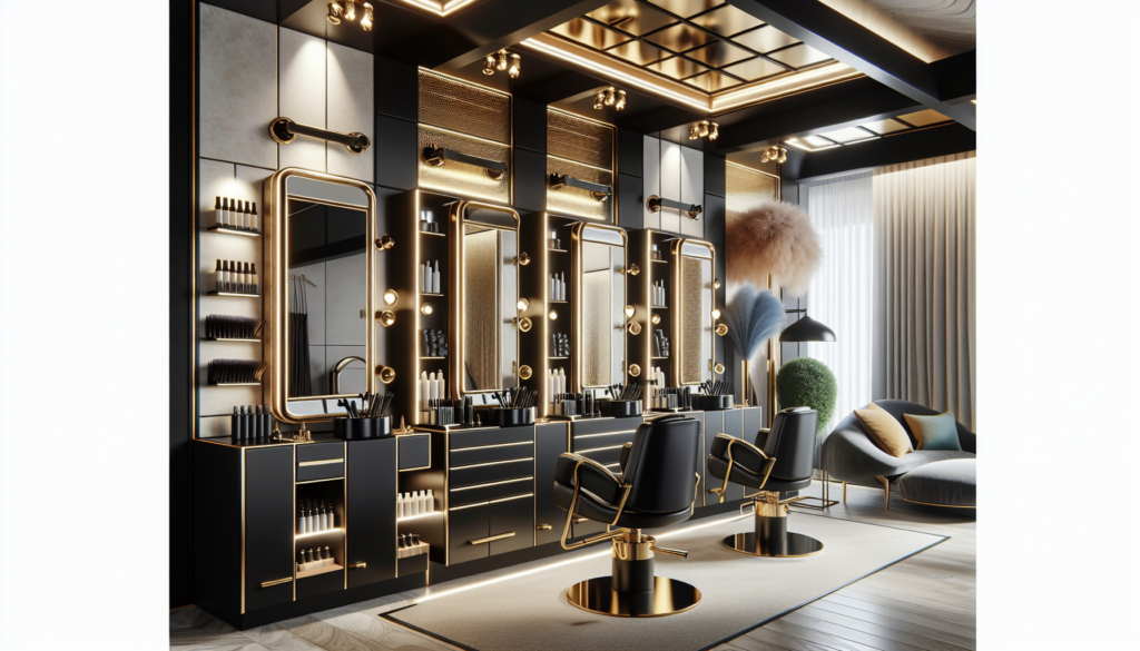 Create an elegant and sophisticated salon station set against a modern, high-end salon interior. The station features sleek, black components with luxurious gold accents, including gold handles, frame