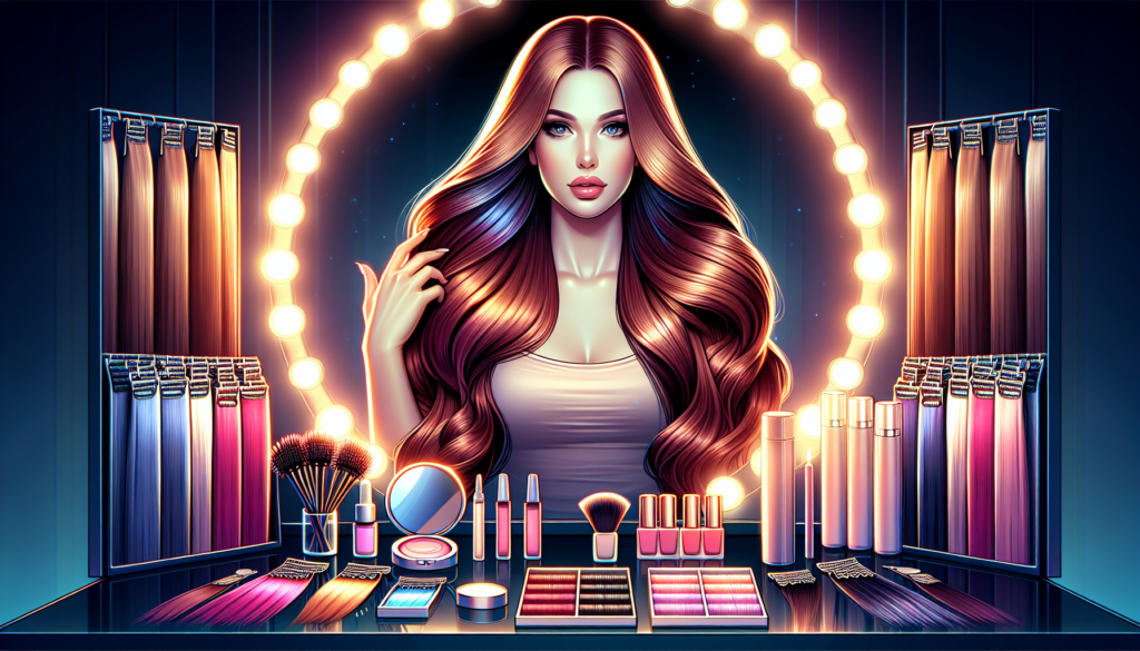 Create a vibrant and stylish image of a woman with luscious auburn clip-in hair extensions, highlighting her enhanced look. Show her transforming her appearance in front of a well-lit vanity mirror, w