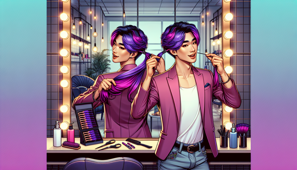 Create an image of a young, stylish person with vibrant purple clip-in hair extensions. They are standing in front of a well-lit mirror, adjusting the extensions and looking excited. The background sh
