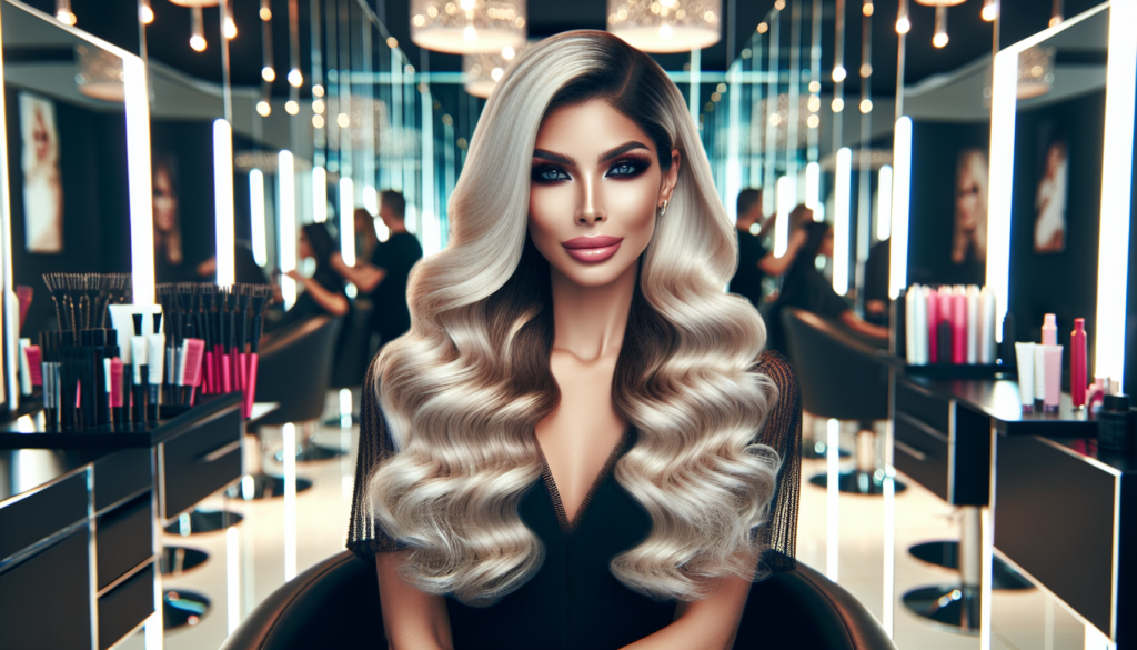 A vibrant and stylish woman showcasing her stunning transformation with white clip-in hair extensions, adding volume and elegance to her hairstyle. The setting is a chic, modern salon with professiona