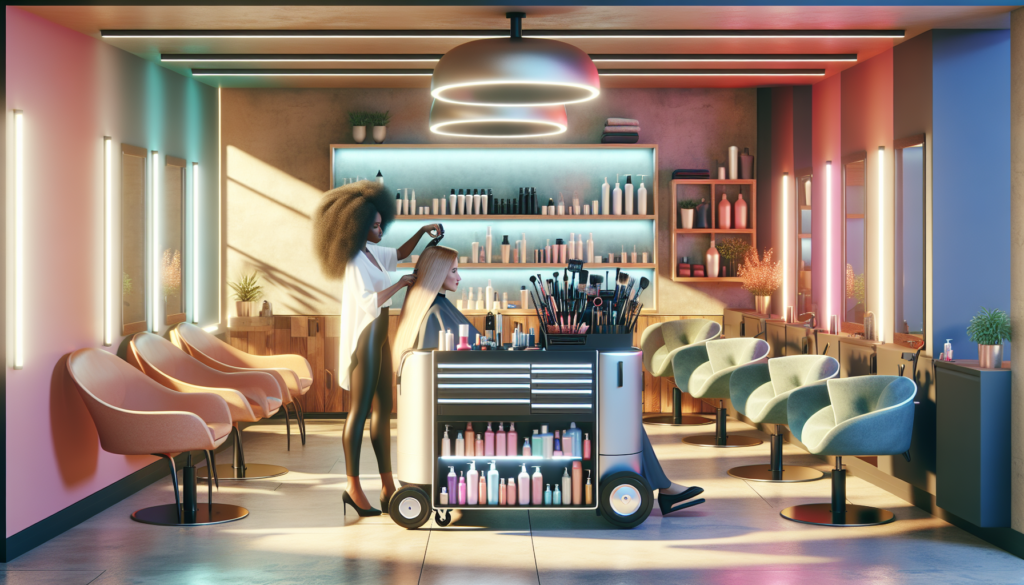 Create an image of a stylish, modern salon with a sleek, mobile hairdressing trolley in the center. The trolley should be stocked with high-end hairdressing tools, products, and accessories. A profess