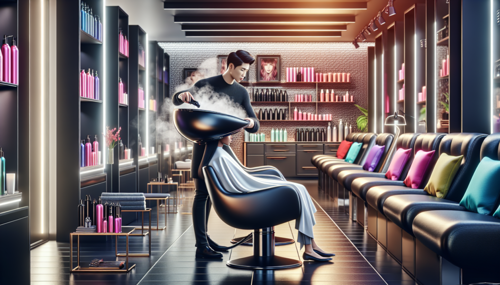 Create a professional salon setting with a hairstylist using a modern hair steamer on a client. Showcase sleek salon furniture, stylish decor, and various hair care products neatly arranged on shelves