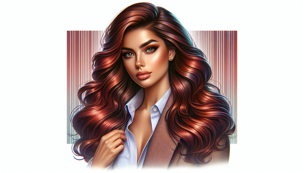 Create a high-resolution, photorealistic image of a woman with stylish reddish brown hair extensions. Ensure that the extensions are voluminous and blend seamlessly with her natural hair. The woman sh