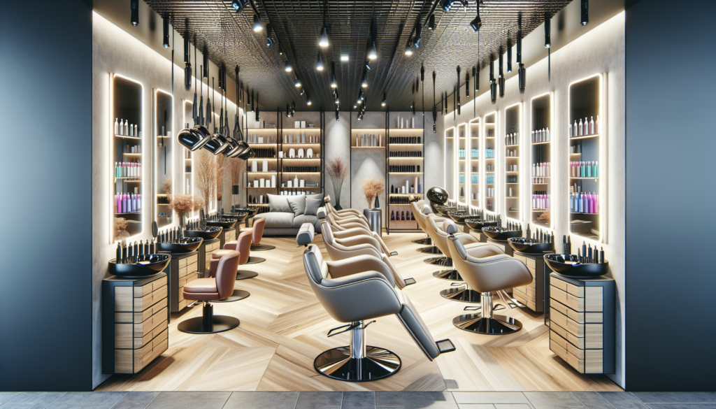 A beautifully designed modern hair salon, filled with state-of-the-art essentials such as sleek and ergonomic salon chairs, advanced hair styling stations with multiple storage compartments, contempor