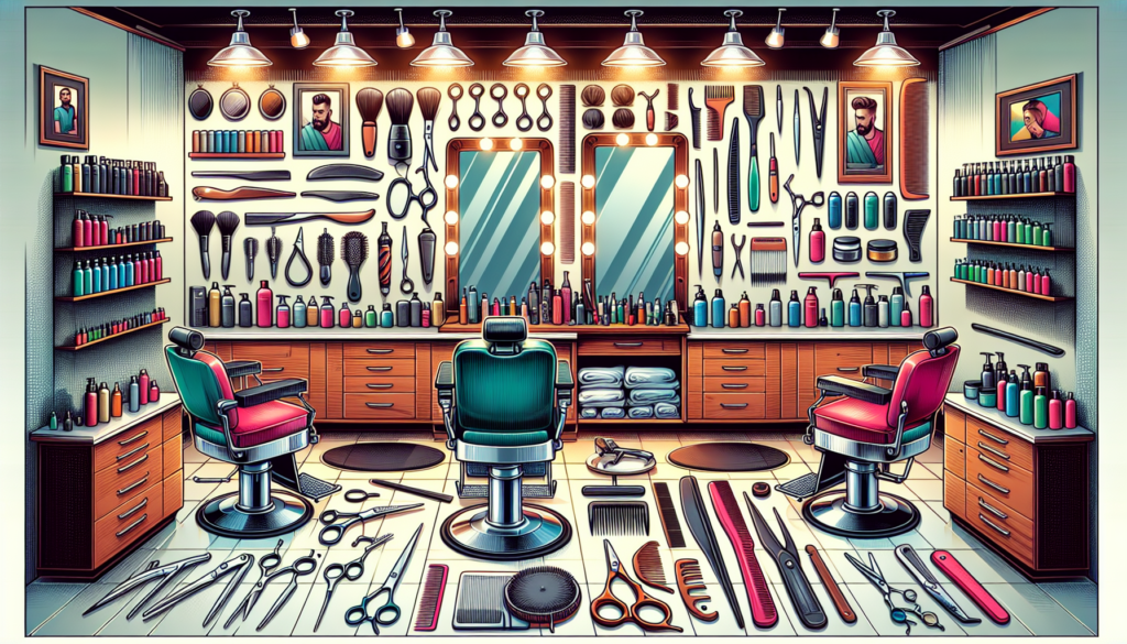 Create an image of a well-organized barber salon with essential professional supplies. Include items such as barber chairs, scissors, clippers, combs, razors, protective capes, hair products, a large