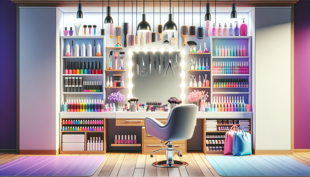 A vibrant, modern salon interior showcasing essential beautician supplies, including hairdryers, scissors, combs, brushes, nail polish, skincare products, and makeup tools neatly organized on sleek sh