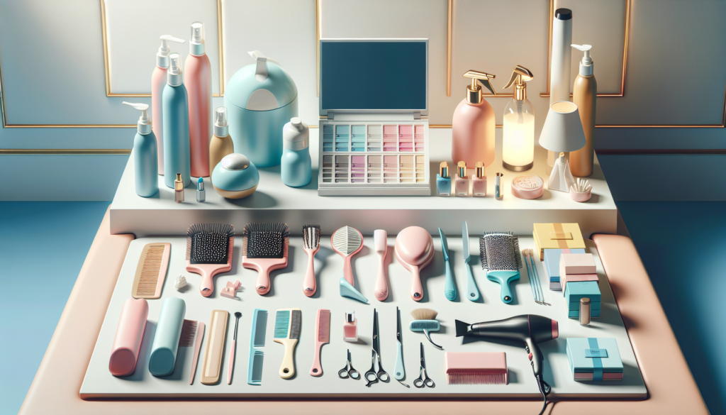 Create an image showcasing a stylish modern beauty salon with neatly arranged essential beauty tools from Sally Salon Supplies. Include items like a hairdryer, scissors, combs, makeup brushes, skincar