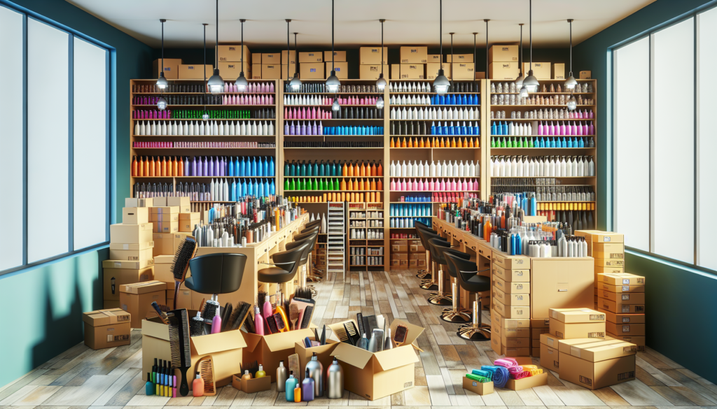Create an image that portrays a high-end salon's stockroom filled with essential bulk supplies. Include neatly organized shelves and storage units stacked with products like large bottles of shampoo,