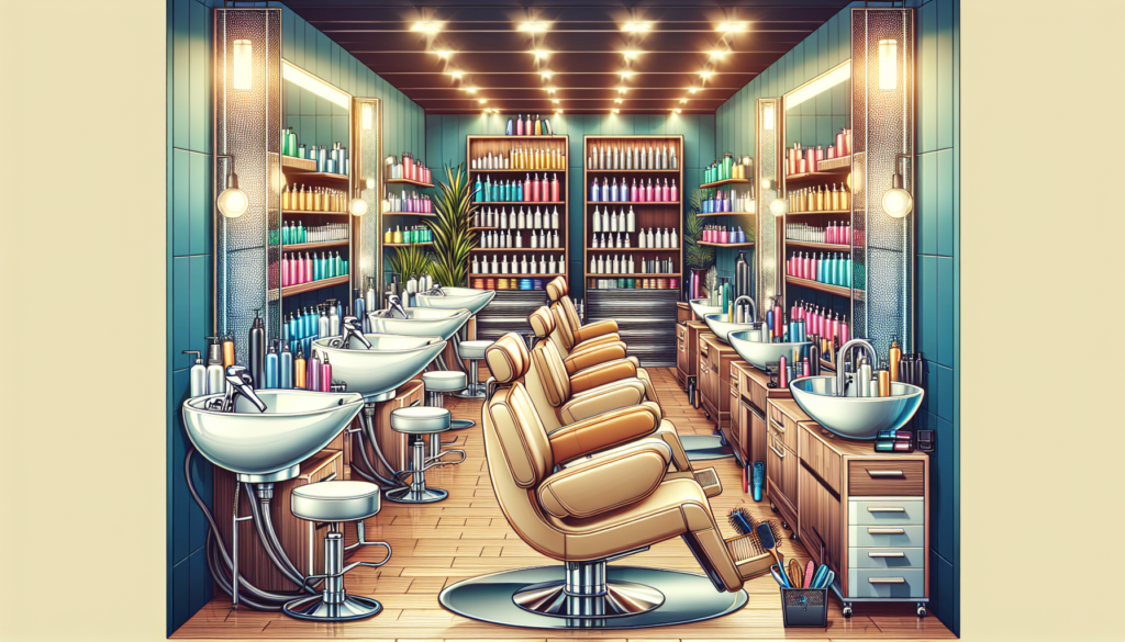 Create an image of a modern salon interior showcasing essential equipment, including styling stations with mirrors and chairs, a hair washing sink, a variety of haircare products neatly arranged on sh