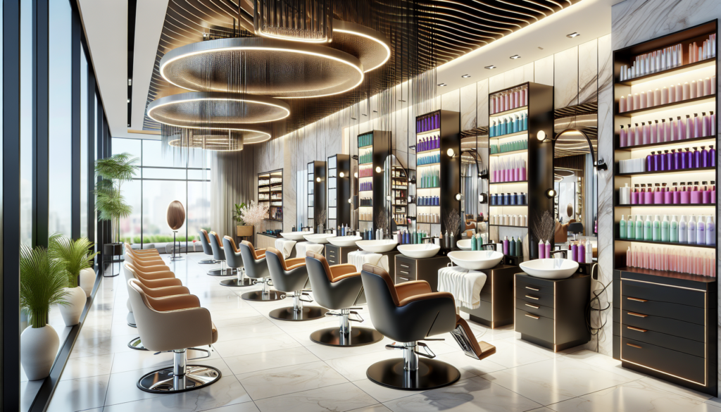 Create an image of a modern and stylish Minerva hair salon setup, featuring essential equipment such as comfortable salon chairs, sleek hair-washing stations, well-organized shelves with various hair