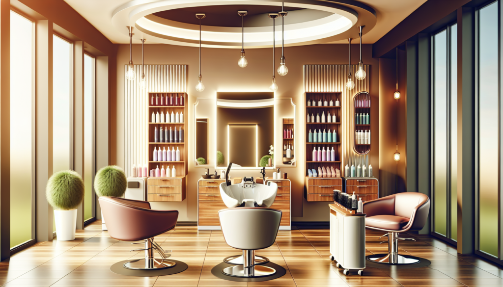 Create a high-resolution image of a modern hair salon interior featuring essential equipment including styling chairs, mirrors, hair dryers, a shampoo wash station, a styling station with combs, brush