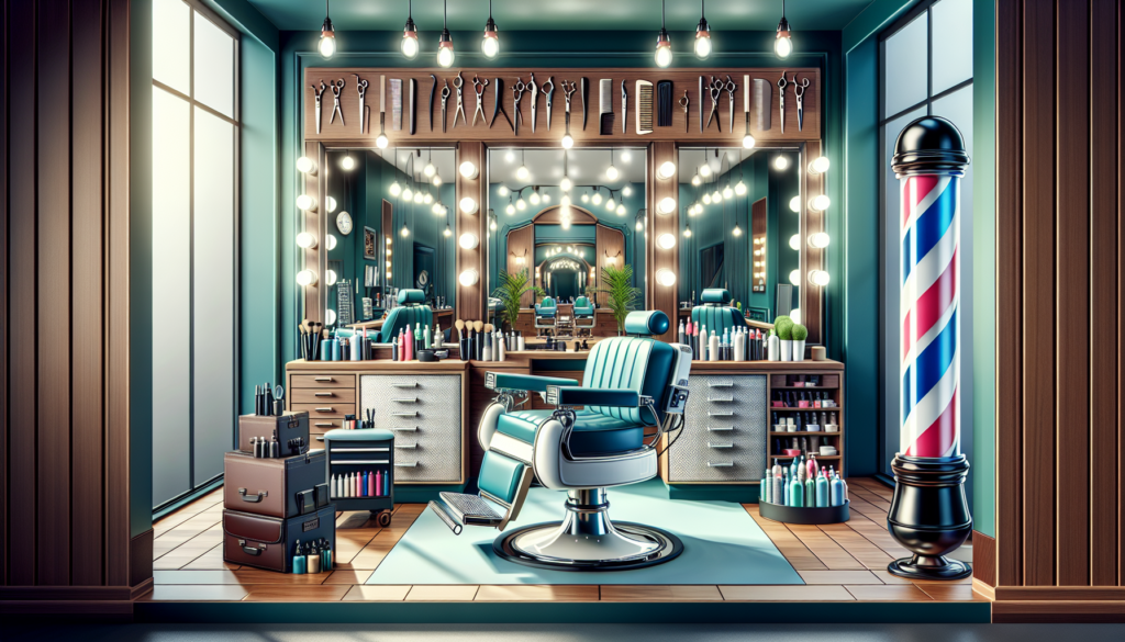 A stylish modern barber salon with sleek interior design, featuring a high-end barber chair, illuminated mirrors, an array of grooming tools like scissors, clippers, and razors on a well-organized sta