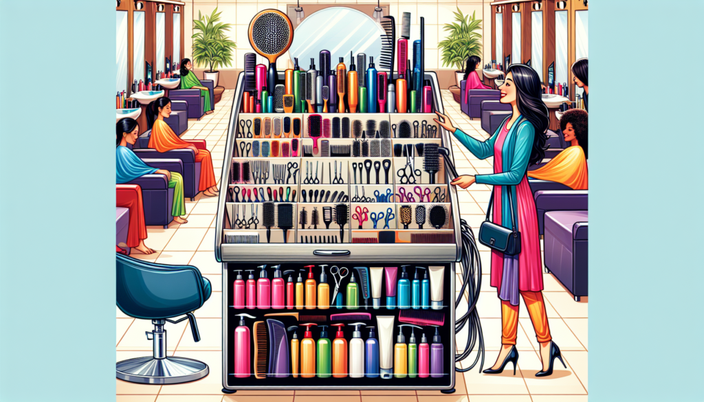 Create a detailed illustration of a modern salon, showcasing organized hair trolleys filled with various hair styling tools and products. Highlight the efficiency and accessibility of the trolleys, wi
