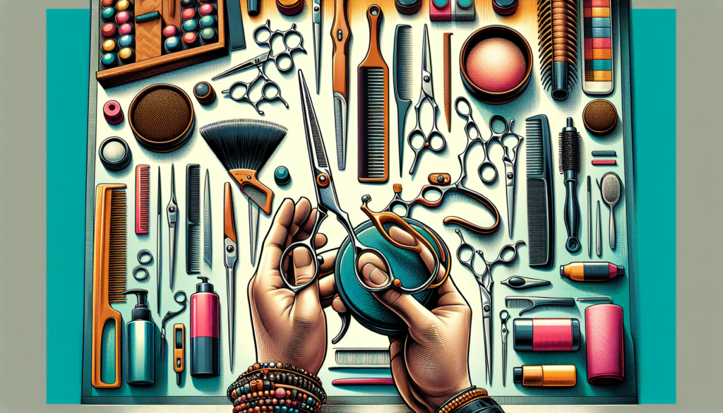Create a highly detailed image of a professional hair stylist's workspace featuring a close-up of a pair of high-quality hairdressing scissors being sharpened with precision tools. Include a variety o