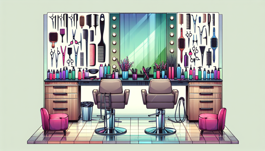 Create a high-quality image of a stylish, modern hair salon workstation featuring an array of essential hair cutting scissors kits. The kits should include various types of professional-grade scissors