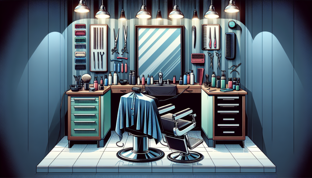 Create an image of a modern, stylish barbershop station featuring essential professional haircut equipment such as sharp scissors, high-quality clippers, various combs, barber cape, straight razor, an