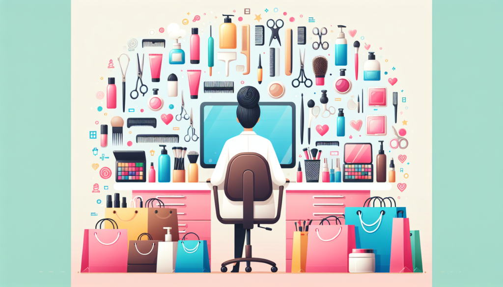 Create an image of a cosmetologist's workspace featuring a well-organized kit filled with essential supplies like scissors, brushes, combs, and makeup. Surround the workspace with shopping bags and st