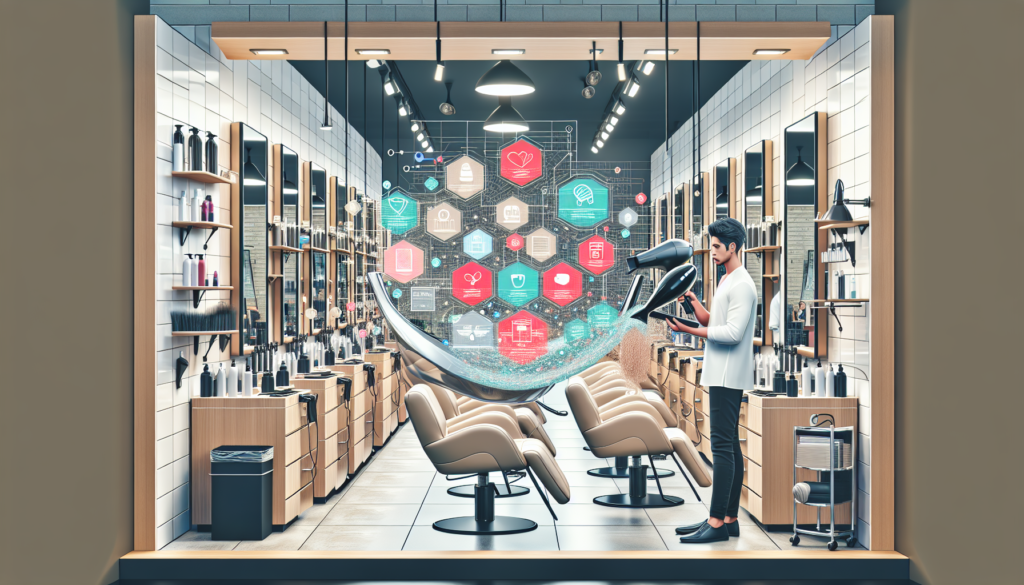 Illustrate a modern salon interior with diverse salon equipment neatly arranged. Show various tools like chairs, mirrors, hairdryers, and styling stations, each labeled with pop-up text highlighting e