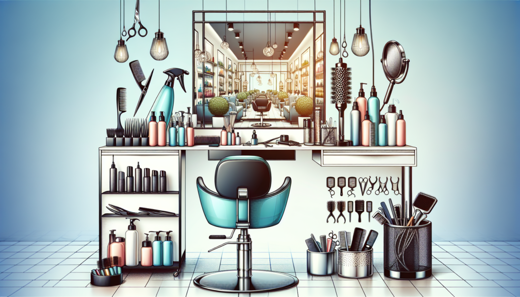 Create an image of a modern hairstylist's workstation in a brightly lit salon, showcasing a variety of essential tools neatly organized. Include professional scissors, a range of combs and brushes, ha
