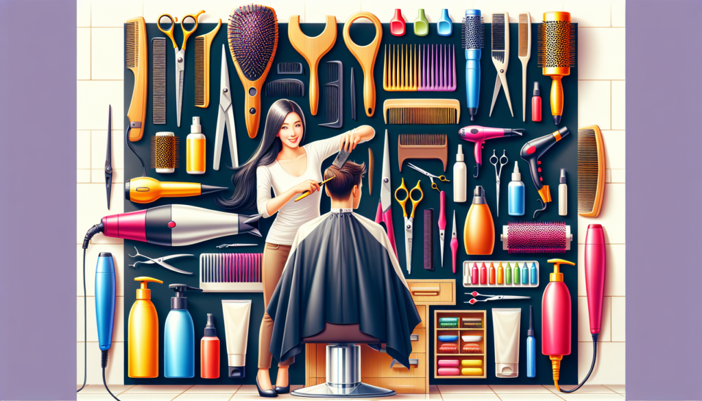 Create a vibrant and modern hair salon scene showcasing essential tools such as hairdryers, scissors, combs, brushes, hair clippers, curling irons, straighteners, hair dye, and various styling product