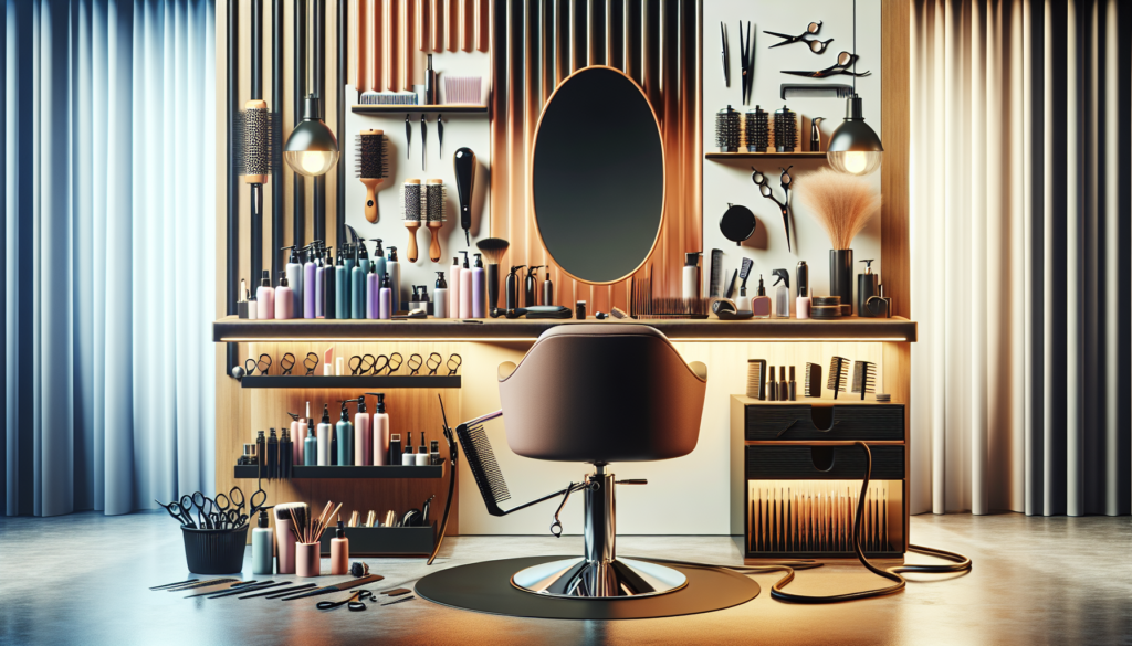Create a high-resolution, detailed image of a modern hair stylist's workstation, featuring essential tools such as scissors, combs, brushes, hair dryers, clippers, curling irons, hair products, and a