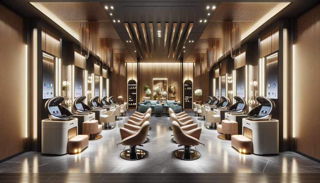 A modern, luxurious salon and spa filled with top-of-the-line Collins beauty equipment, including stylish salon chairs, advanced hair washing stations, sleek nail workstations, state-of-the-art facial