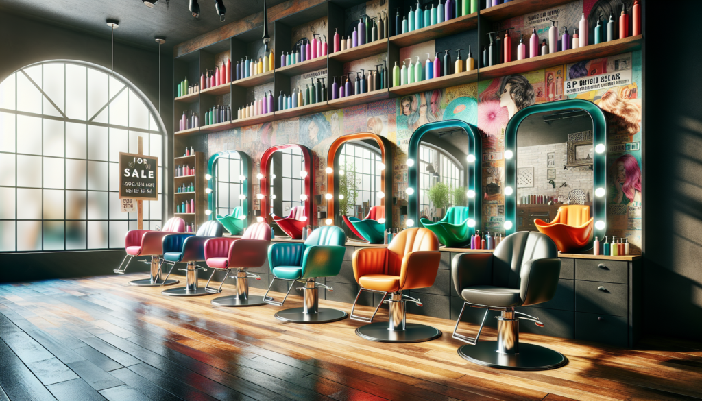 A vibrant, modern hair salon with a variety of stylish, new and vintage salon chairs arranged neatly along a row of sleek, brightly-lit mirrors. The chairs are in different colors and designs, showcas