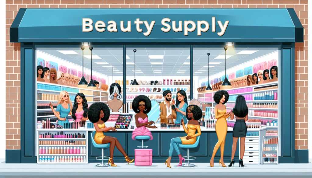 Create an illustration of a vibrant, stylish beauty supply store named Bi Rite Beauty Supply. The storefront should be adorned with bright, eye-catching signage. Inside, show neatly organized shelves