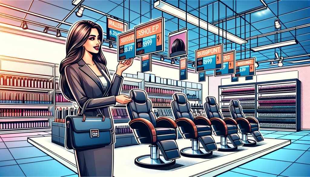 Create a vibrant image of a modern beauty supply store filled with sleek, stylish salon stations. Show a savvy business owner excitedly comparing prices on various wholesale salon stations, with price