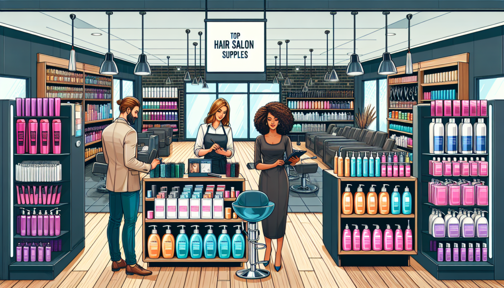 Create an image showing a stylish, well-organized hair salon supply store. The store shelves are packed with a variety of high-quality hair salon products such as shampoos, conditioners, scissors, hai