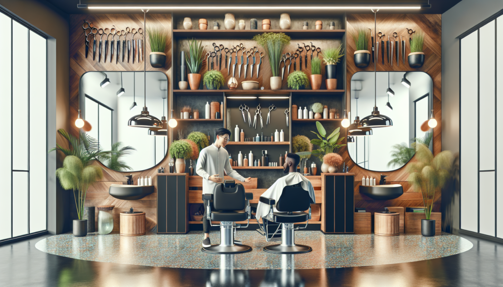 Create an image depicting a cozy, modern barbershop with a stylish interior. On the main counter, display a selection of professional hair shears with various designs, surrounded by well-lit mirrors a