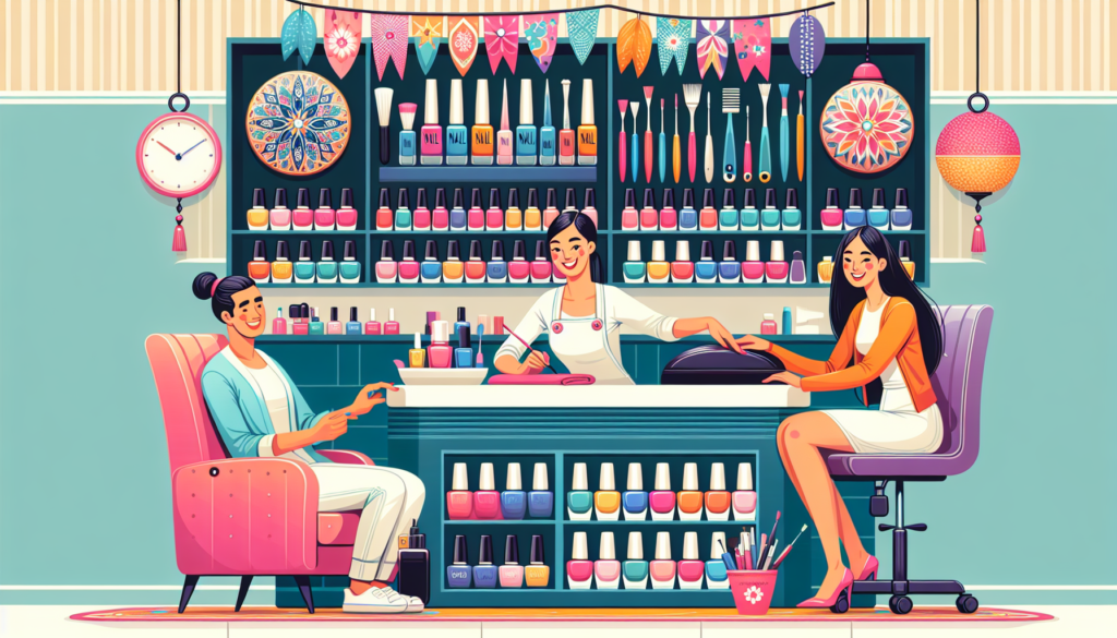 Create a vibrant image of a stylish nail salon with an array of high-quality nail products displayed neatly on shelves. Include nail polishes in various colors, nail care tools, and a cheerful nail te