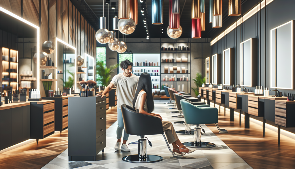 Create a warm, inviting image of a top-rated salon furniture store interior. Showcase stylish salon chairs, sleek mirrors, and modern styling stations with well-organized displays of professional salo