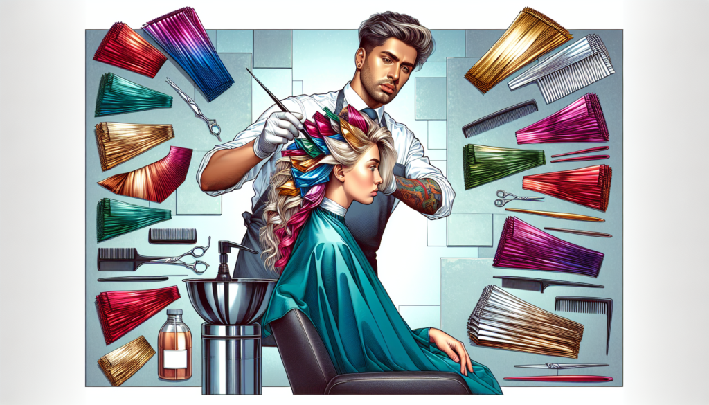 Create a detailed illustration showing a step-by-step process of using hairdressing foils in a salon. Include a stylist wearing a professional outfit carefully placing foils in a client's hair, sectio