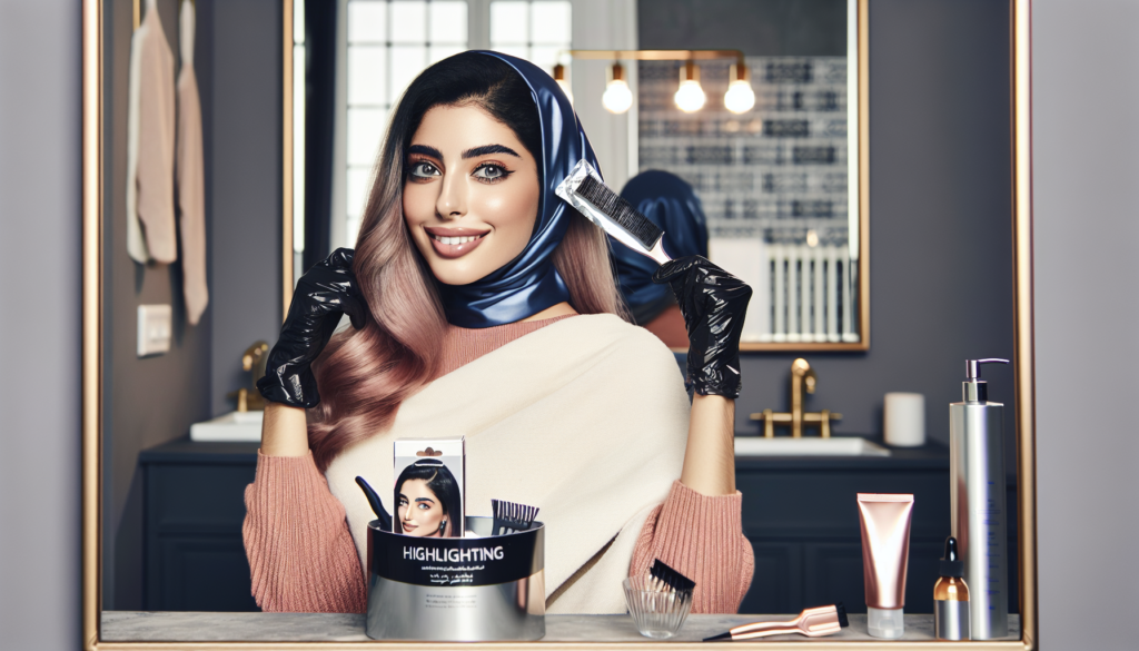 Create an image showcasing a person smiling in front of a mirror as they use the L'Oréal Highlight Kit. The scene should include the highlight kit packaging, highlighting tools like gloves, a brush, a