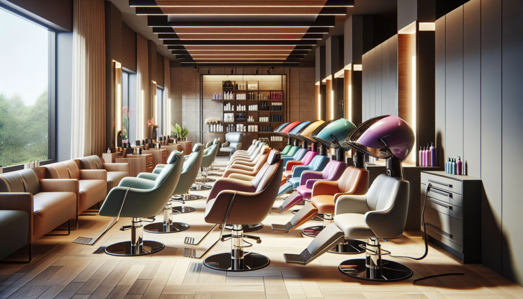 A vibrant and modern hair salon interior showcasing an array of sleek and stylish dryer chairs in various colors and designs. Each chair features ergonomic seating, built-in dryers, and luxurious upho