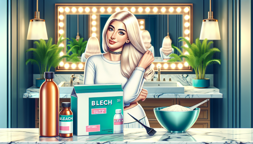 Create a high-resolution image of a L'Oreal bleach kit placed on a stylish bathroom counter. The kit should include a developer bottle, bleach powder packet, mixing bowl, and brush applicator. In the