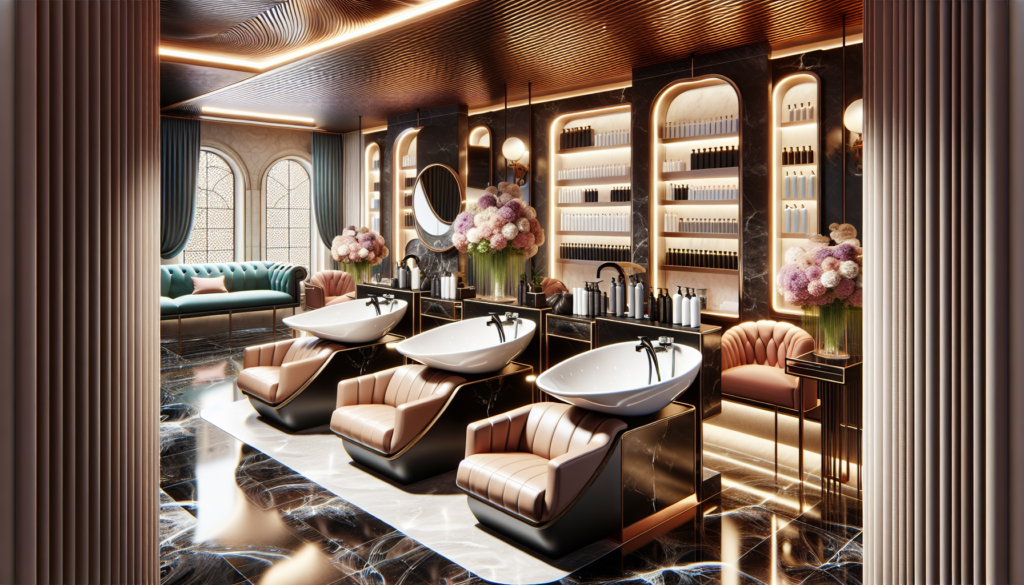 Create an image of an upscale salon interior featuring sleek, modern shampoo bowls with built-in massage chairs. The chairs should have plush cushioning and an ergonomic design, offering a sense of ul