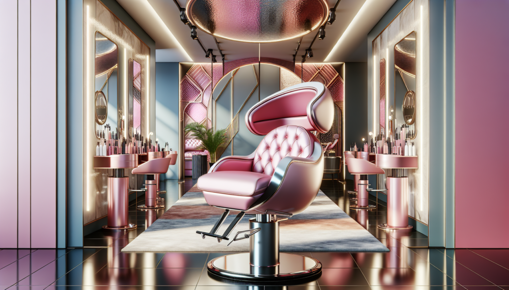 Create an image of a luxurious and modern salon with a highlight on an elegantly designed pink styling chair. The chair should feature plush cushioning, sleek metallic accents, and an ergonomic design